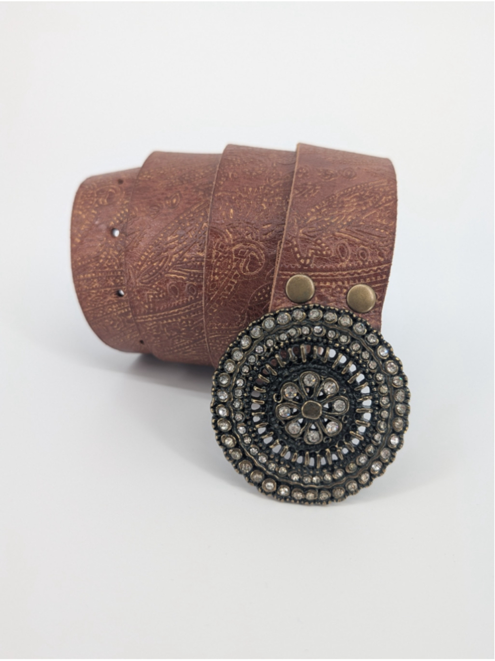 Fossil BT2918231 Leather Belt L Brown Gold Paisley Embossed Rhinestone Buckle